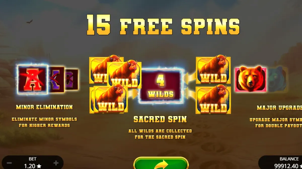 Pemandangan padang rumput liar dengan simbol totem dan hewan dalam slot Sacred Buffalo